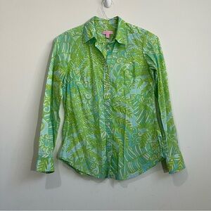 Lilly Pulitzer Green Leaf Print Button Up Shirt Sz 4 Lightweight Colorful Preppy